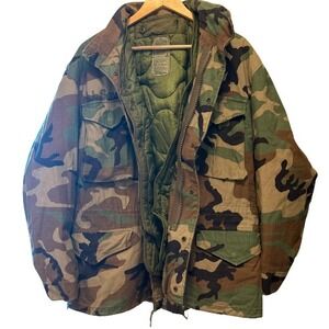 VTG USGI M65 Woodland Camo Field Jacket Insulated Liner 80s 90s Hood Drawstring